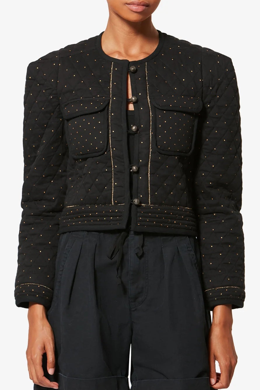Black textured jacket with button details on a white background