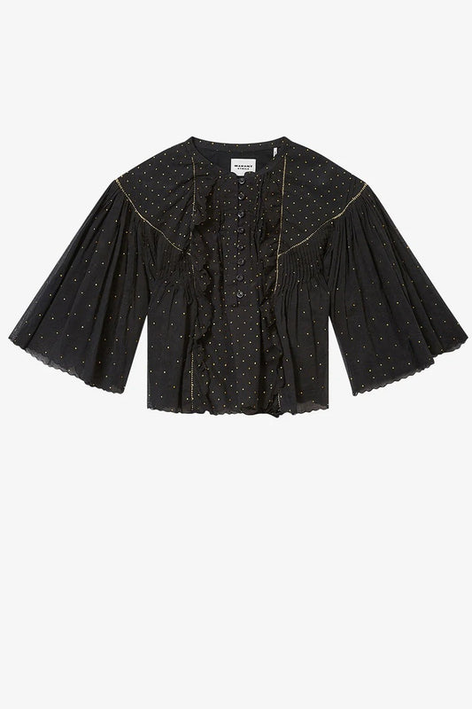 Black blouse with gold trim on a white background