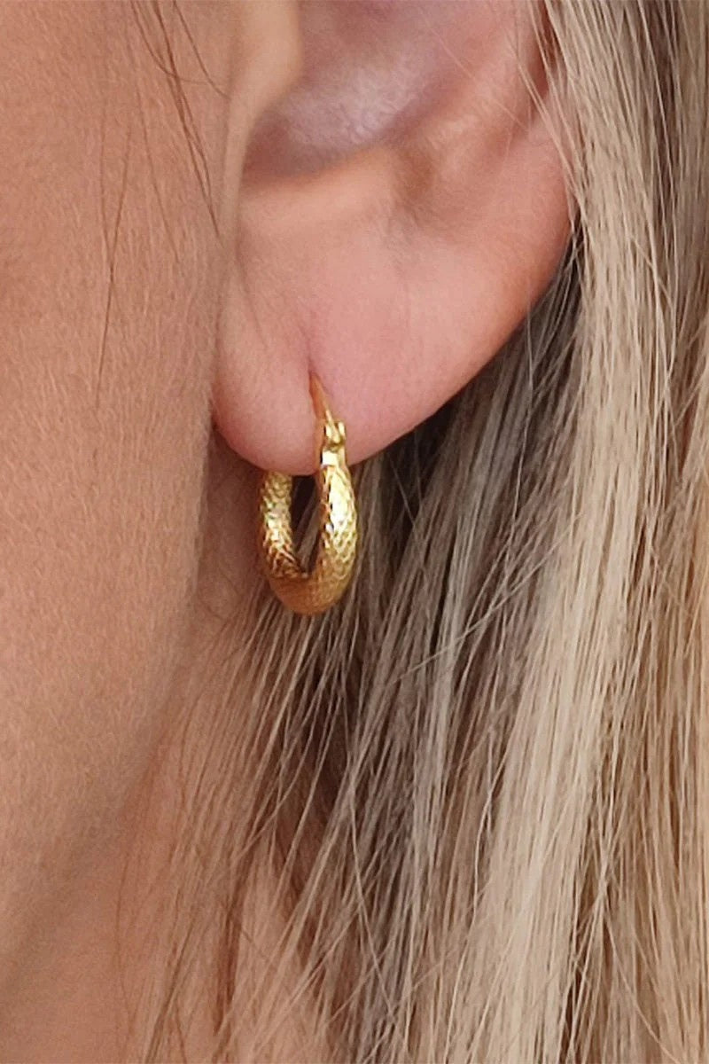 gold hoop earring on blonde hair lady