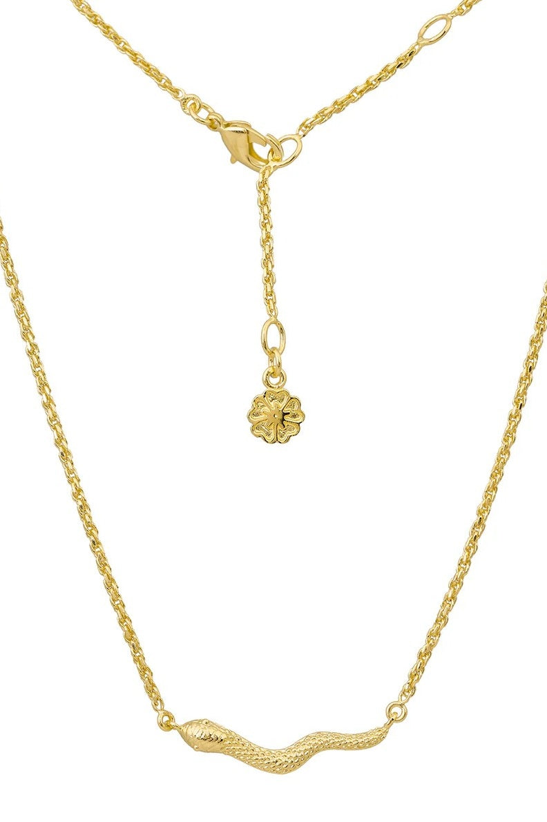 Gold necklace with a small pendant on a white background