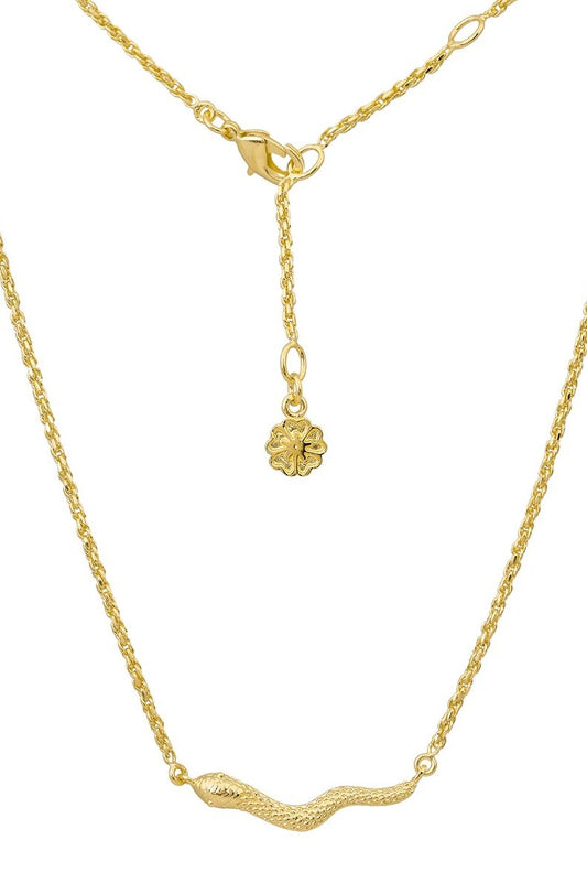 Gold necklace with a small pendant on a white background