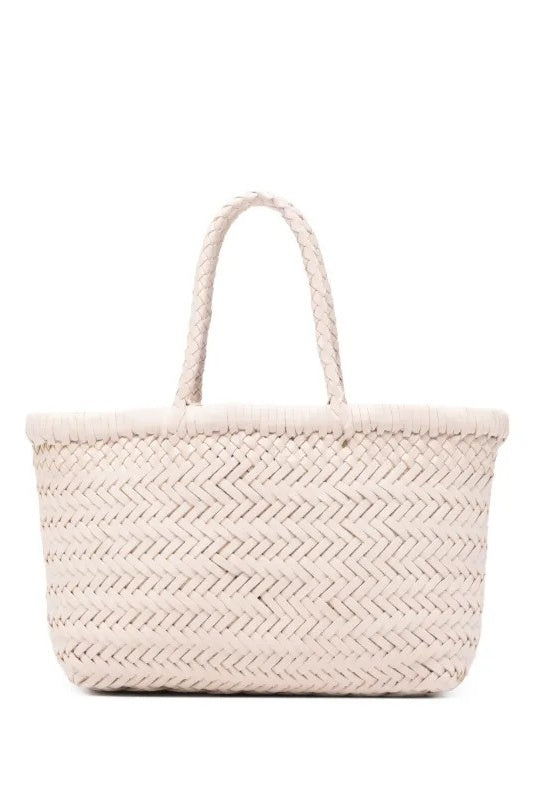 Woven beige tote bag with a textured handle on a white background