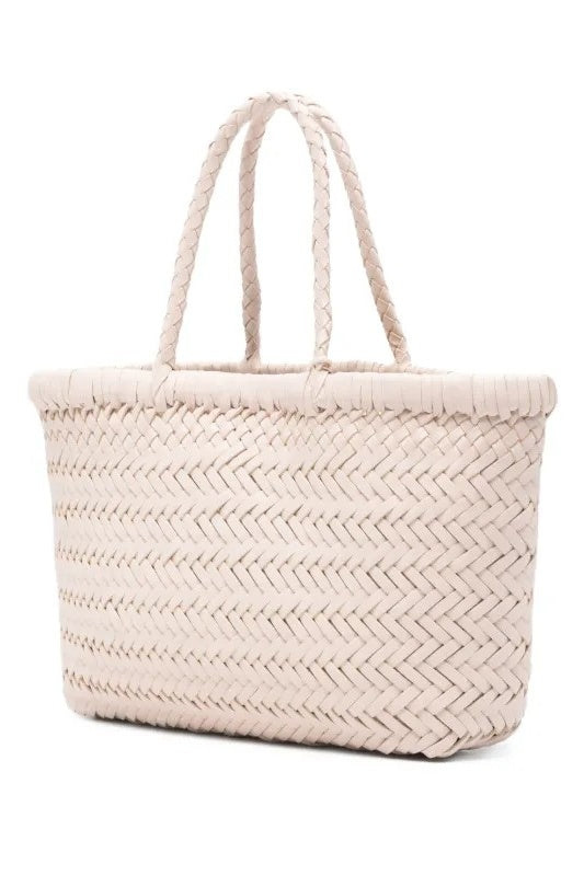 Woven beige tote bag on a white background