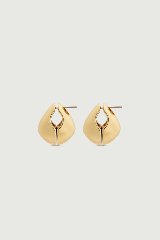 Pair of gold hoop earrings on a light gray background