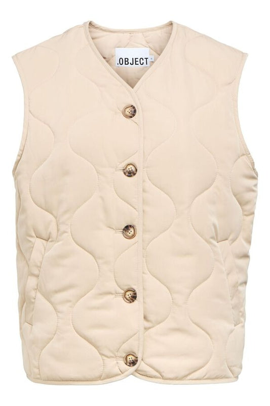 Beige quilted gilet with gold buttons on a white background