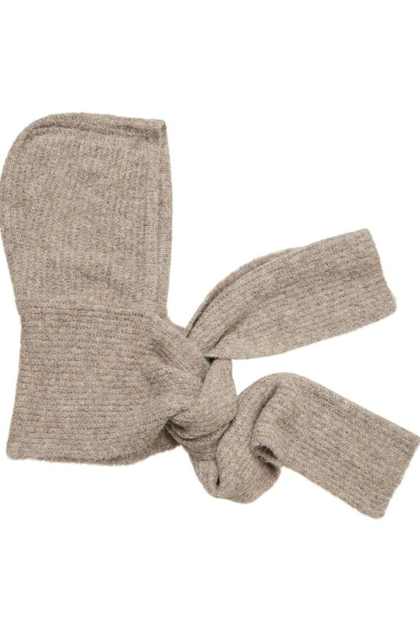 Beige knitted Hooded Scarf with a knot on a white background