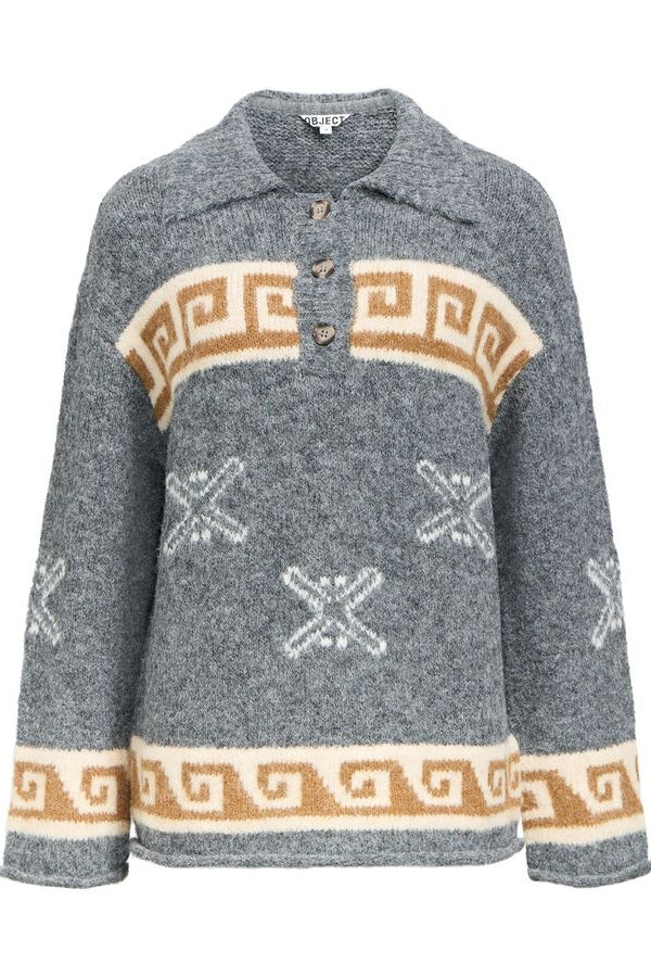 Gray sweater with decorative patterns on a white background