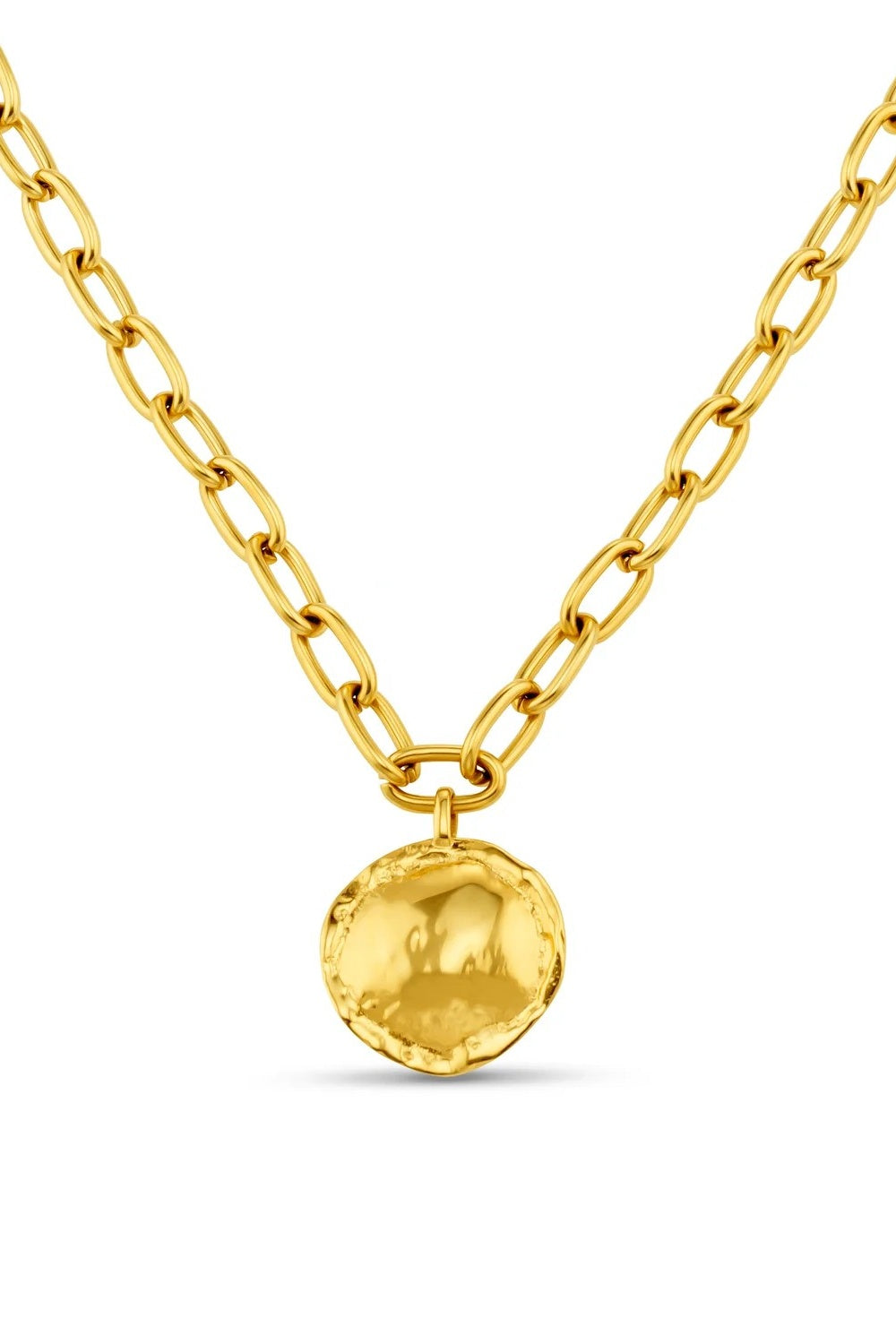 A gold chain necklace featuring a textured, hammered circular disc pendant, shown against a plain white background.