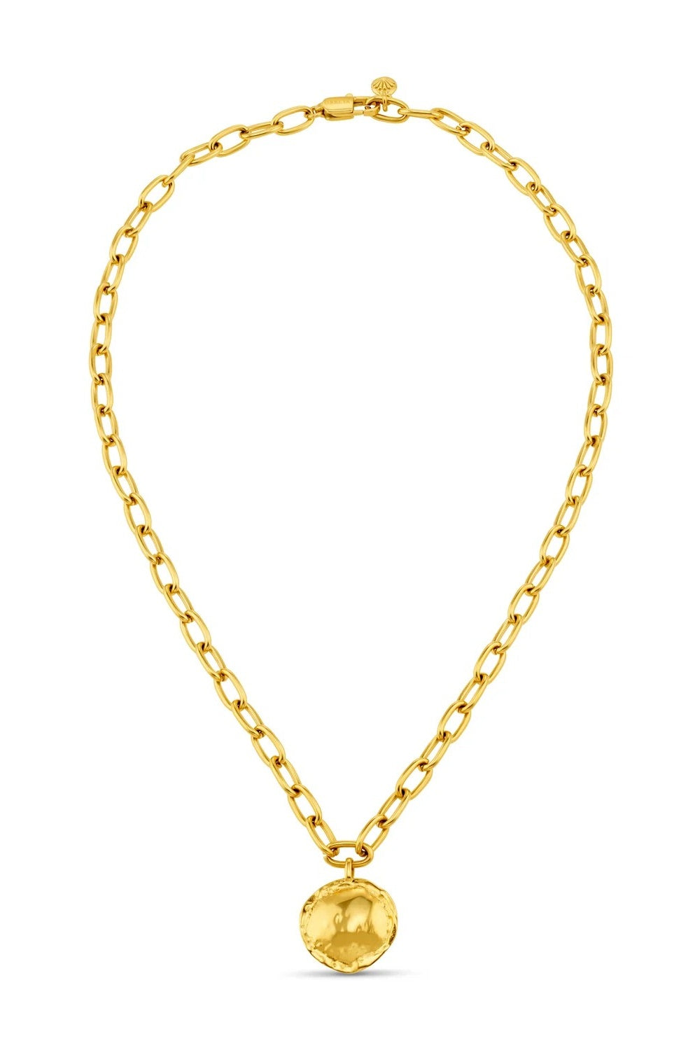A gold chain necklace with a textured, circular molten disc pendant, displayed on a clean white background.