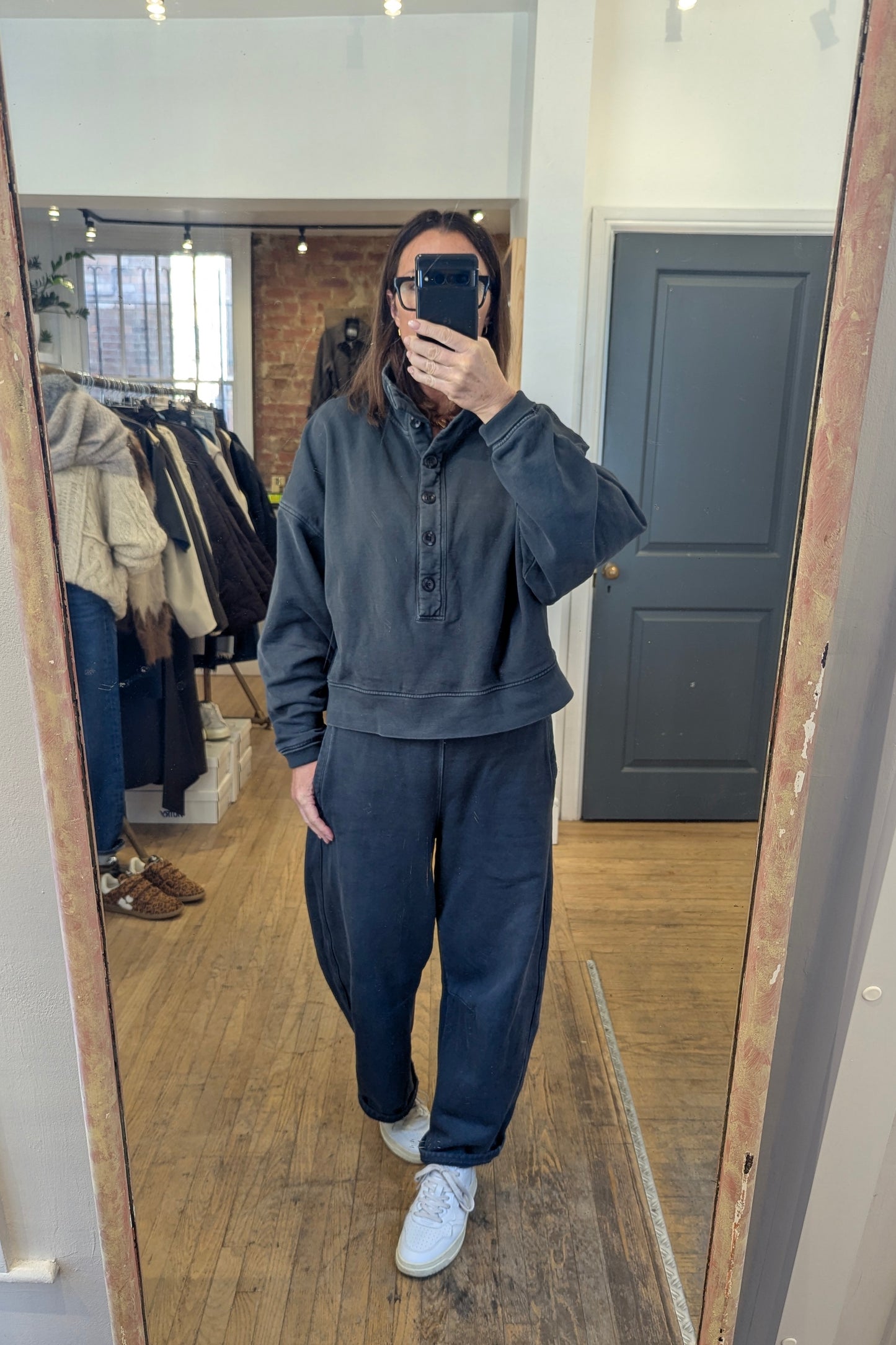 Mirelle Charcoal Funnel Neck Button Sweatshirt