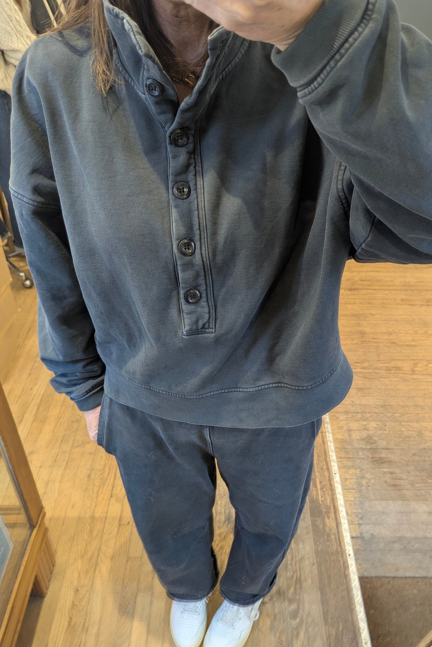 Mirelle Charcoal Funnel Neck Button Sweatshirt