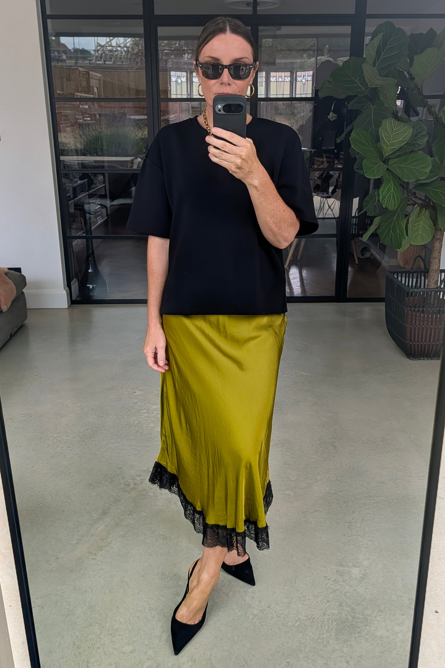 Olive Lace Trim Midi Skirt