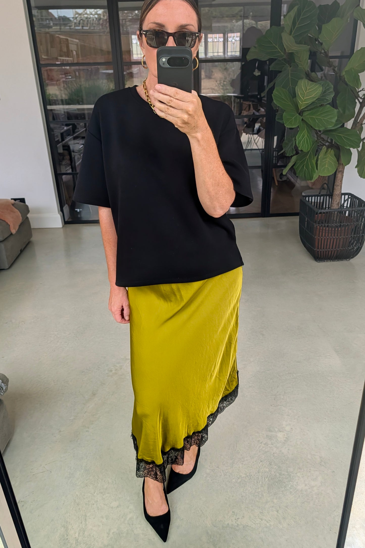 Olive Lace Trim Midi Skirt