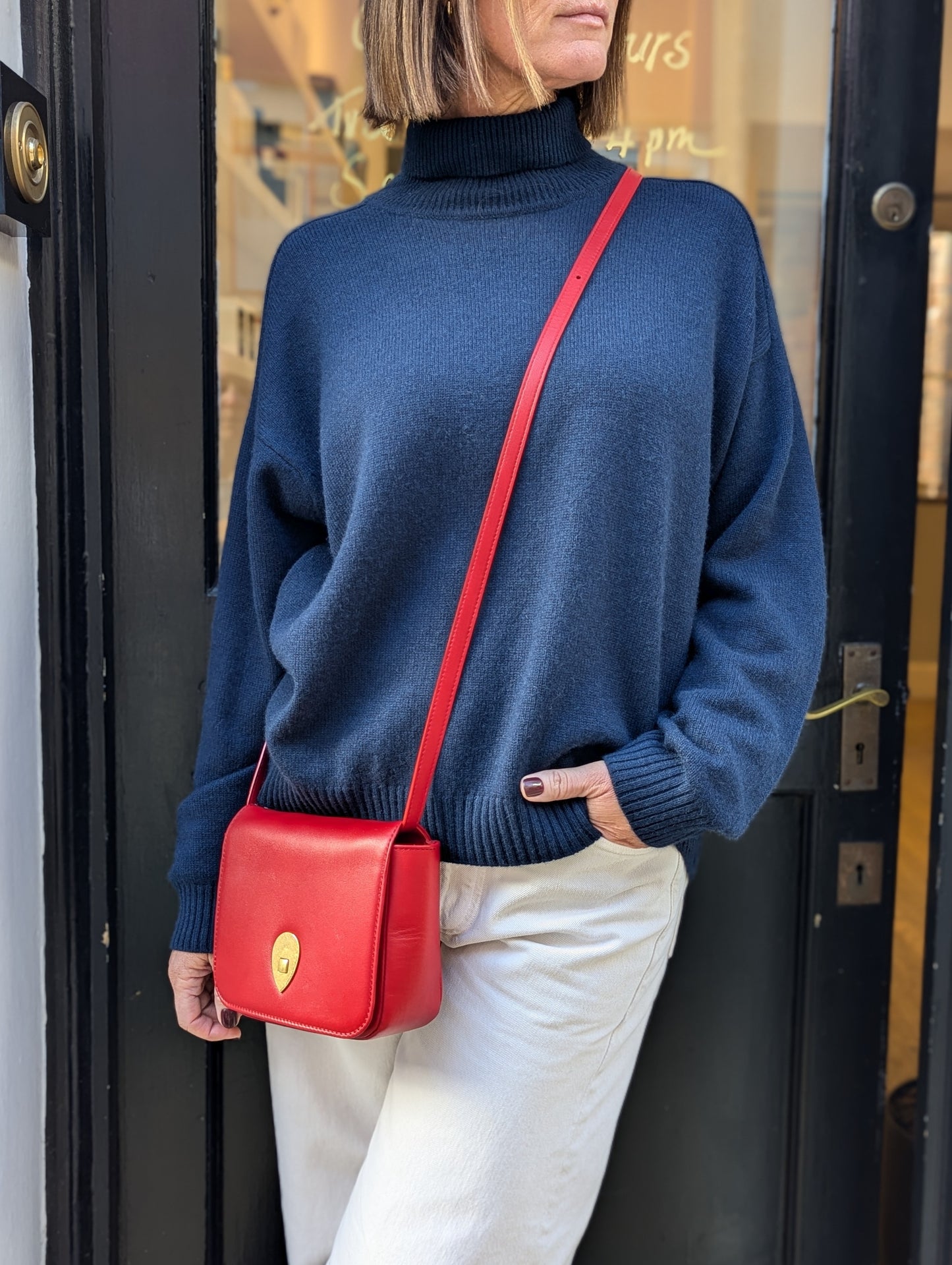 Navy Cashmere Saddle Roll-Collar Jumper