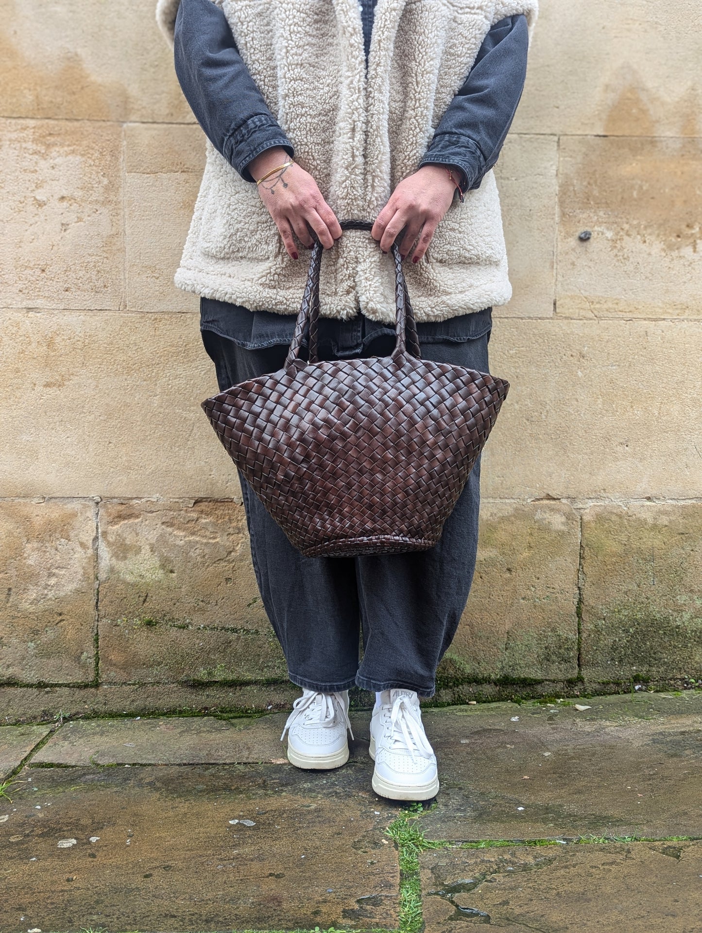 Egola Dark Brown Woven Leather Bag