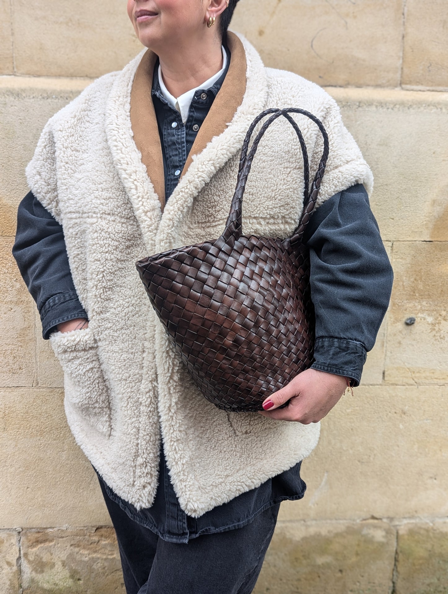 Egola Dark Brown Woven Leather Bag