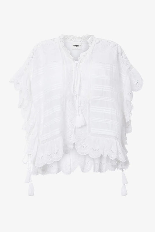 White blouse with ruffled details on a white background