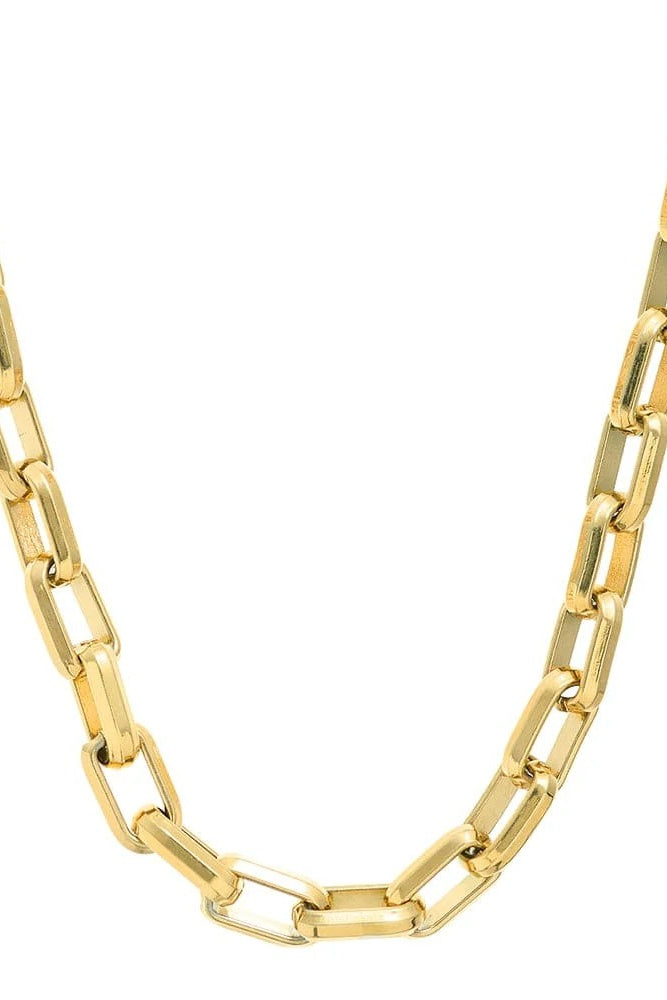 A gold link necklace shown against a plain white background.
