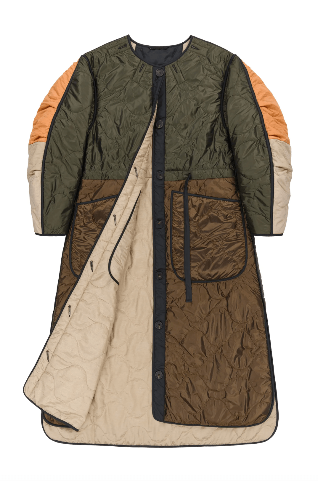 Marfa Stance - Dark Olive & Bronze Stone Reversible Long Patchwork Quilted Jacket - 32 The Guild