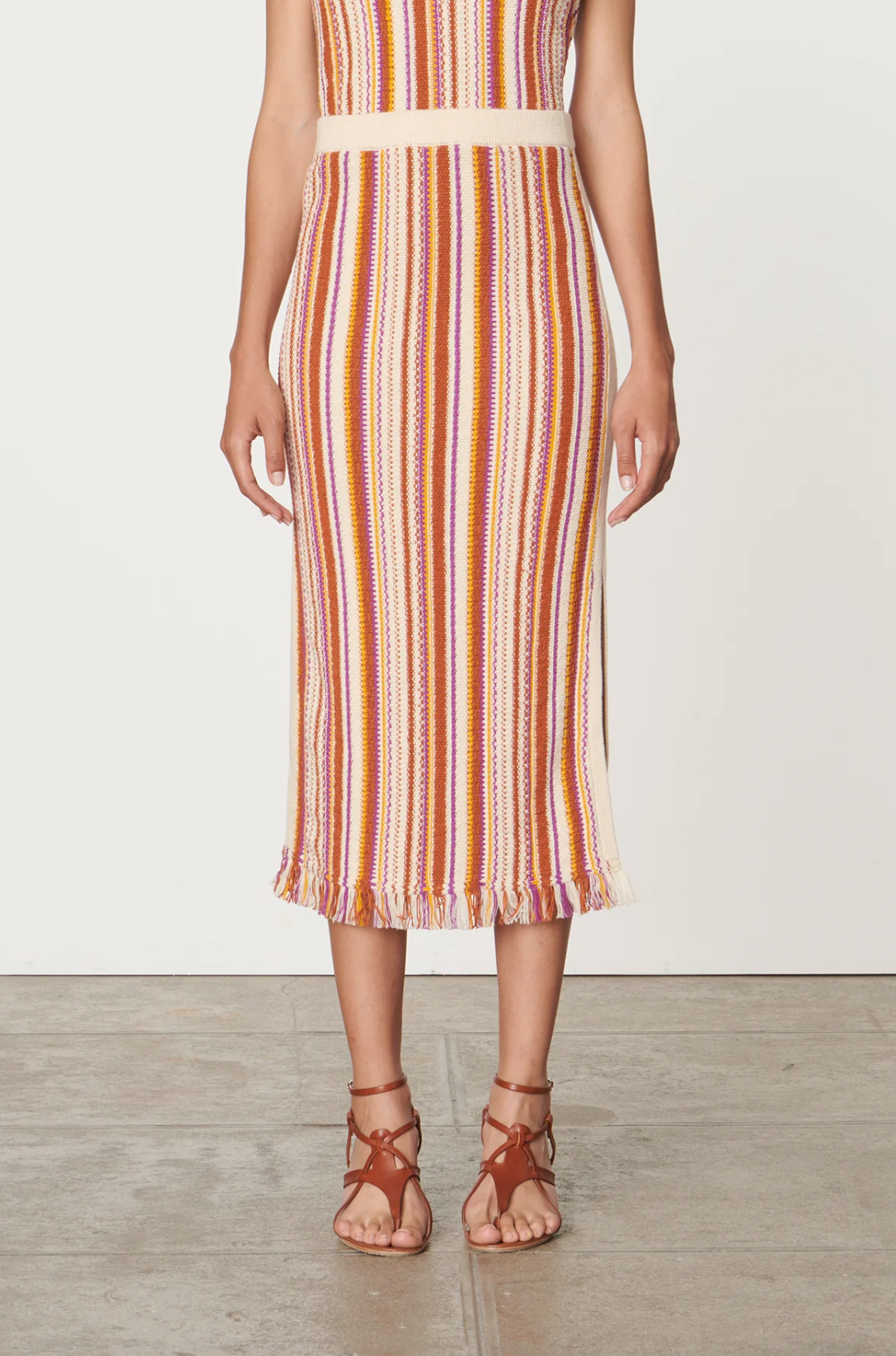Vanessa Bruno - Cypres Fringed Terracotta Stripe Midi-Skirt - Image 2