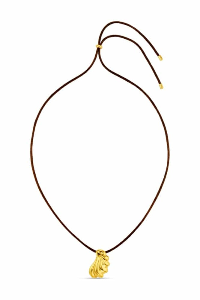 Necklace with a gold shell pendant on a white background