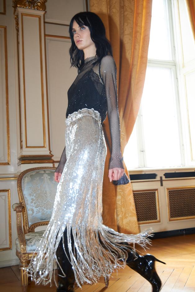 Silver Sequin Fringed Skirt