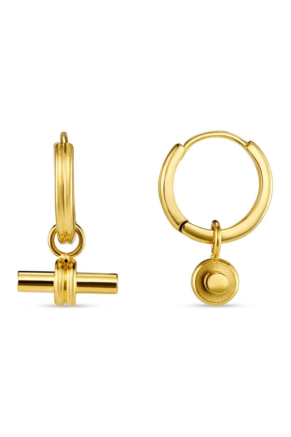 Gold hoop earrings with cylindrical and round pendants on a white background