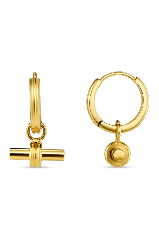 Gold hoop earrings with cylindrical and round pendants on a white background