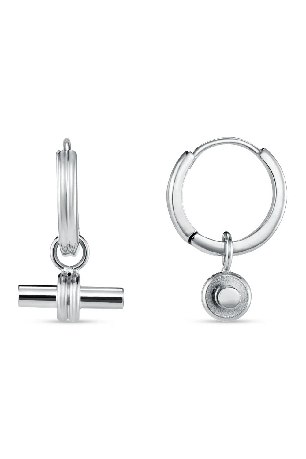 silver t bar earrings on white background