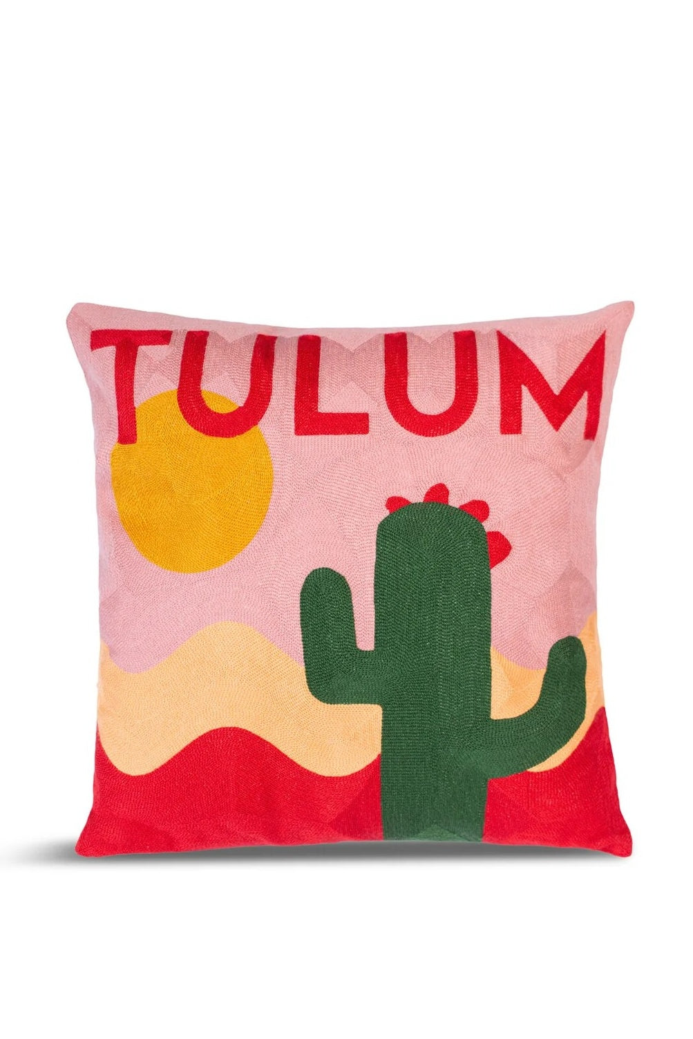 Decorative pillow with 'Tulum' text, cactus, and sun design on a pink background