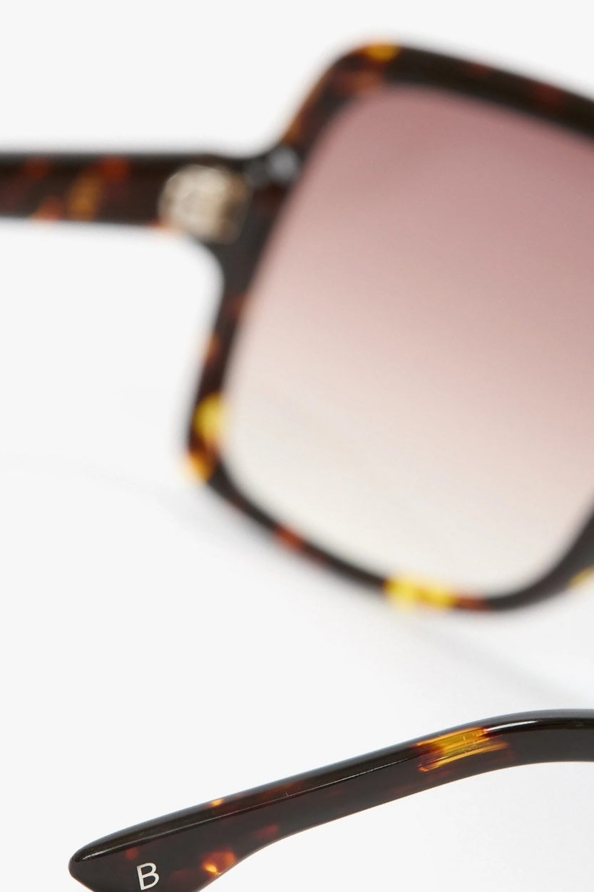 Close-up of tortoiseshell sunglasses with a brown lens on a white background