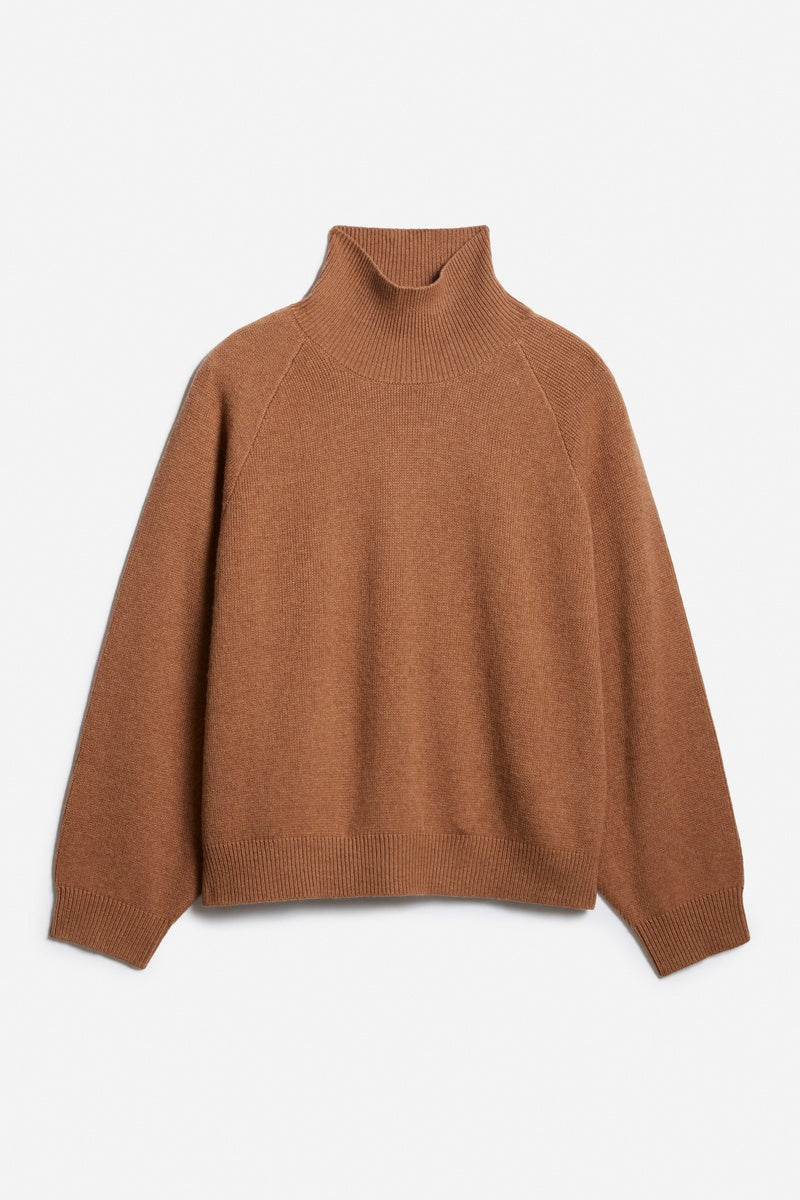 Brown turtleneck sweater on a light gray background