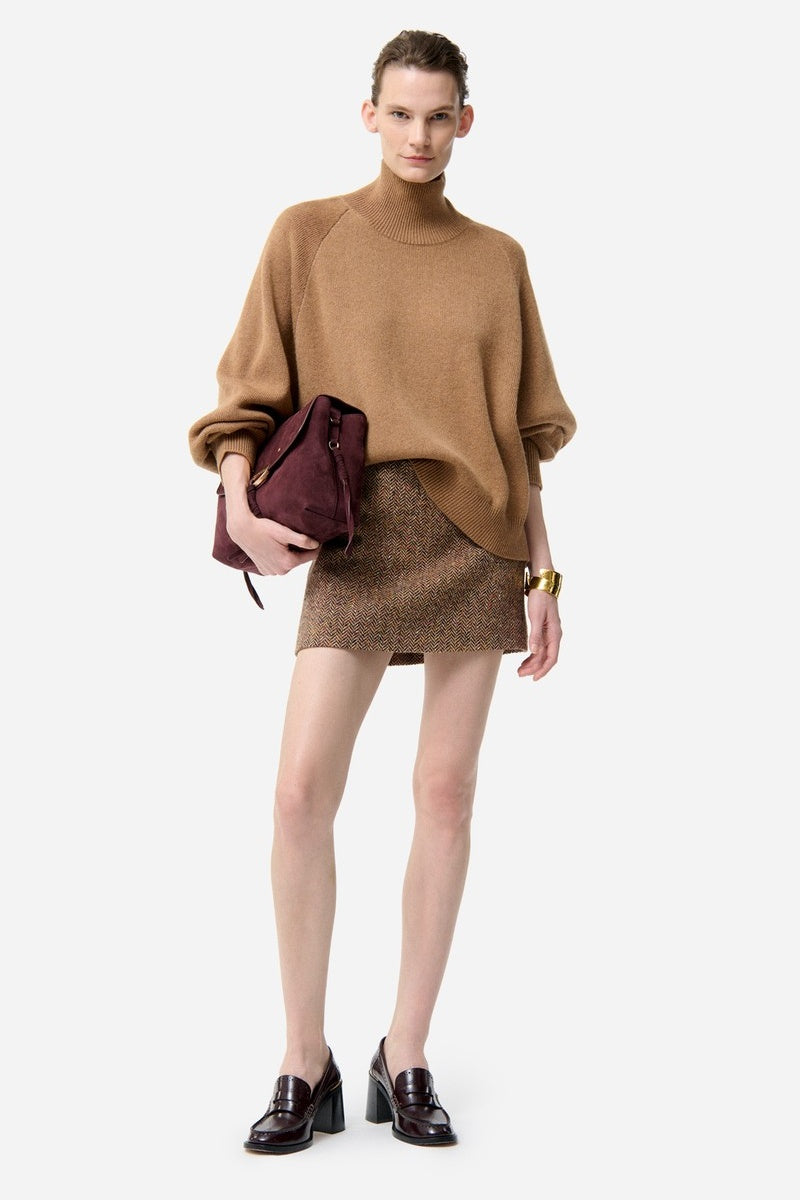 Woman wearing a brown sweater and skirt with a white background