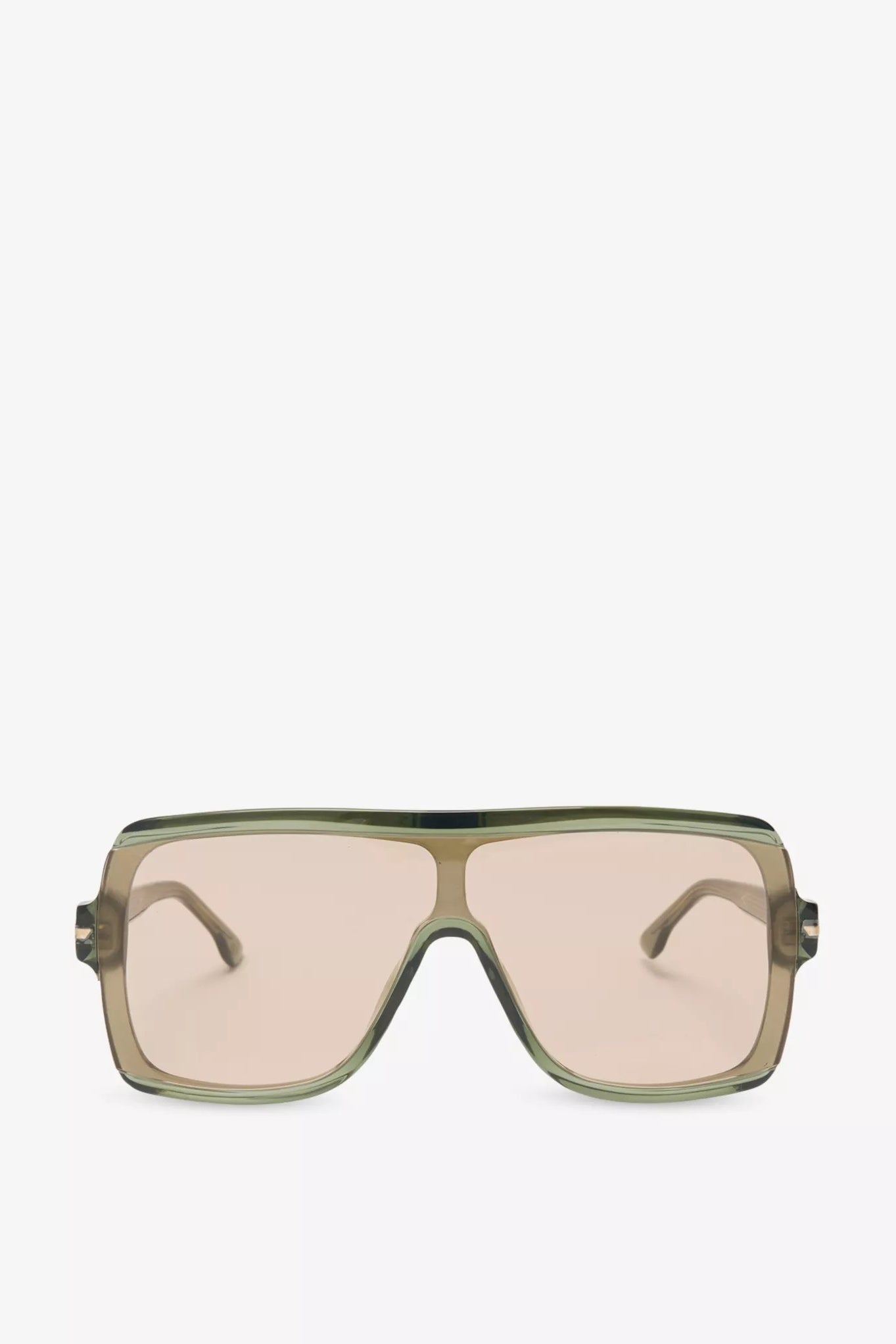 Sunglasses with a green frame and beige lenses on a white background