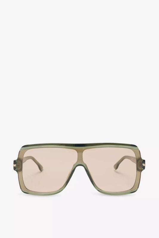 Sunglasses with a green frame and beige lenses on a white background