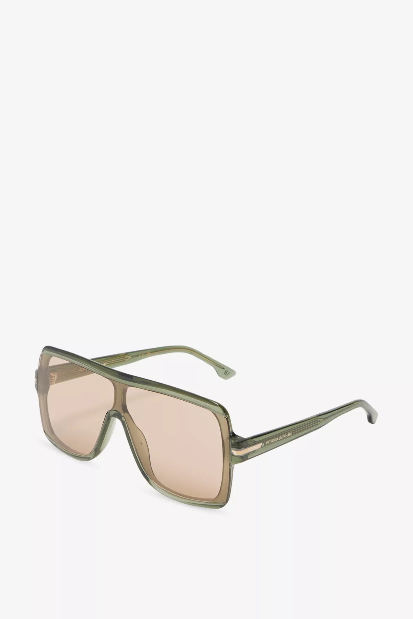 Sunglasses with a green frame and beige lenses on a white background