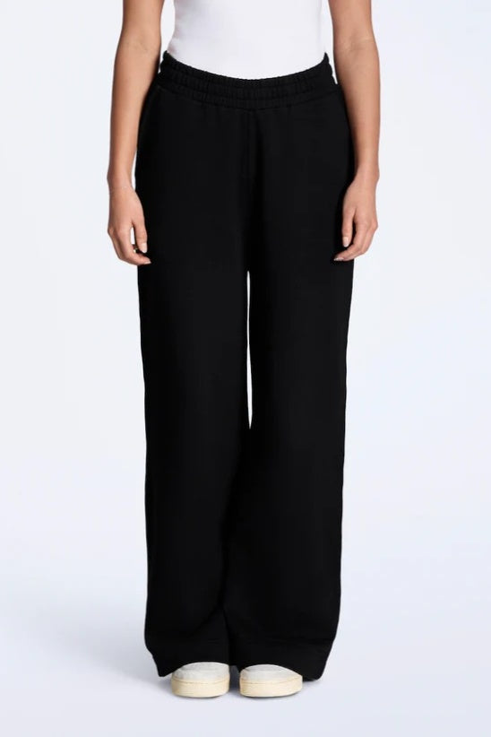 Person wearing black wide-leg pants on a white background