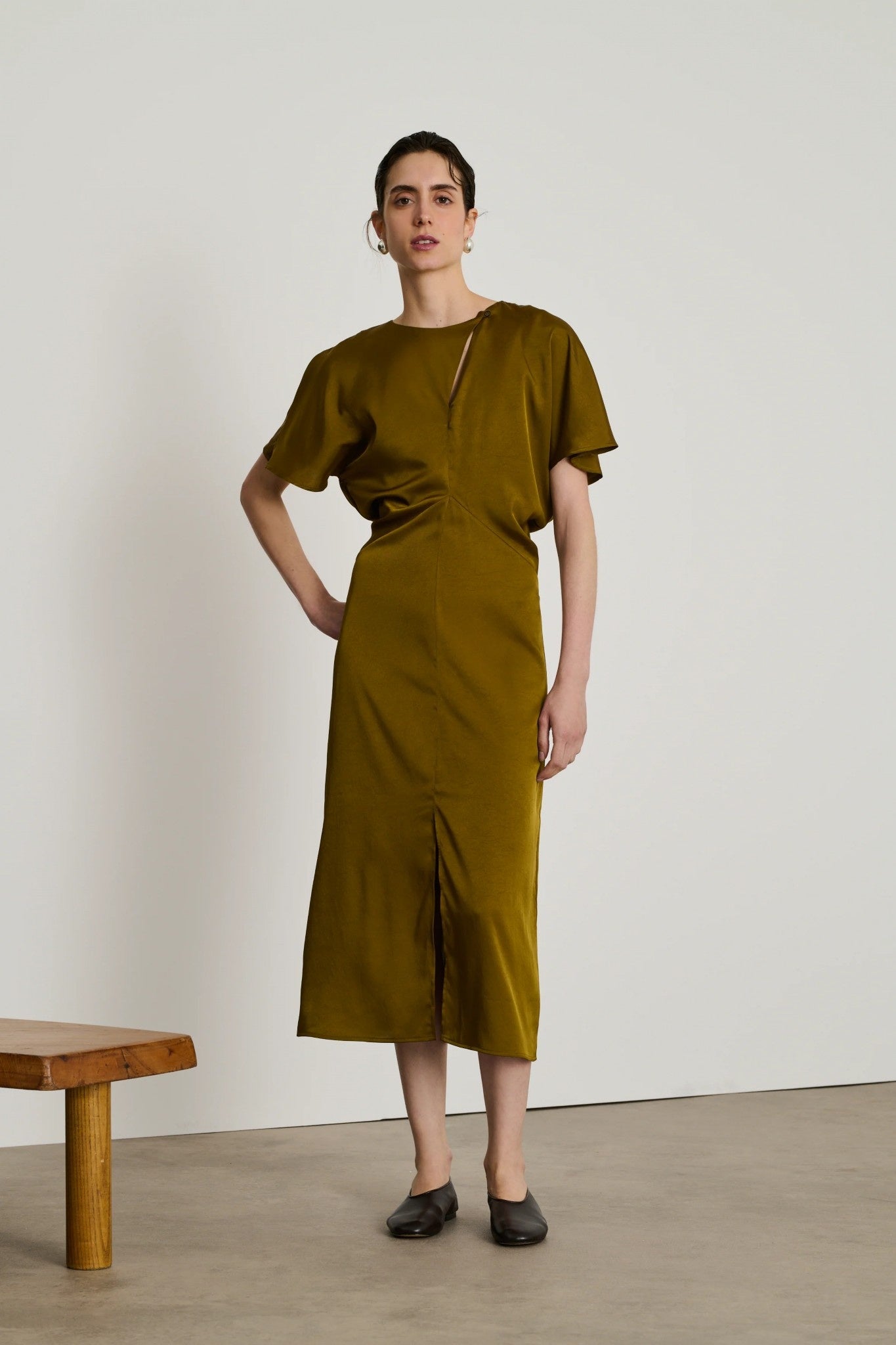 Ella Draped Dress in Fluid Bronze Twill