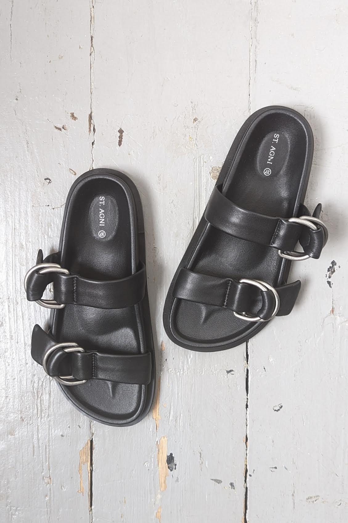 St. Agni - Ring Detail Black Leather Sandals - 32 The Guild 