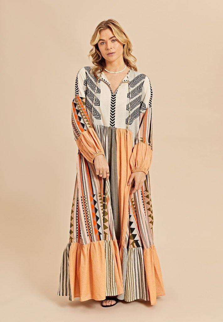 Devotion Twins - Zakar Khaki Long Embroidered Dress - 32 The Guild 